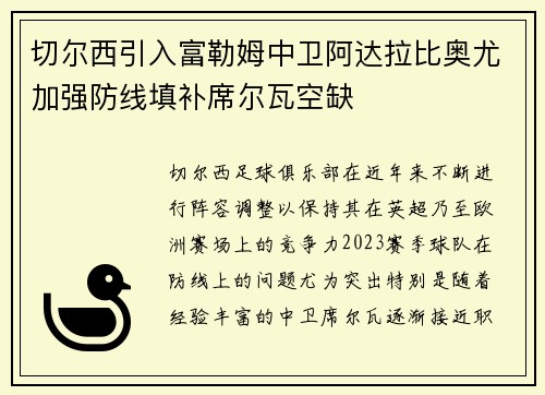 切尔西引入富勒姆中卫阿达拉比奥尤加强防线填补席尔瓦空缺