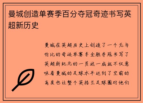 曼城创造单赛季百分夺冠奇迹书写英超新历史