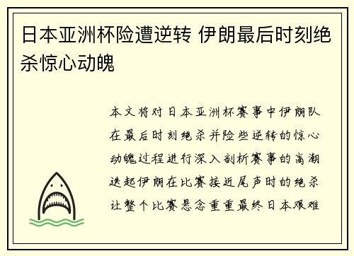 日本亚洲杯险遭逆转 伊朗最后时刻绝杀惊心动魄